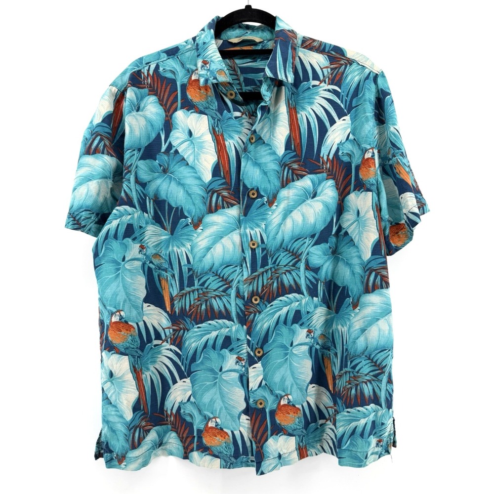 Men's Paradise Collection 100% Silk Hawaiian Shirt Size L Teal Blue Short Sleeve